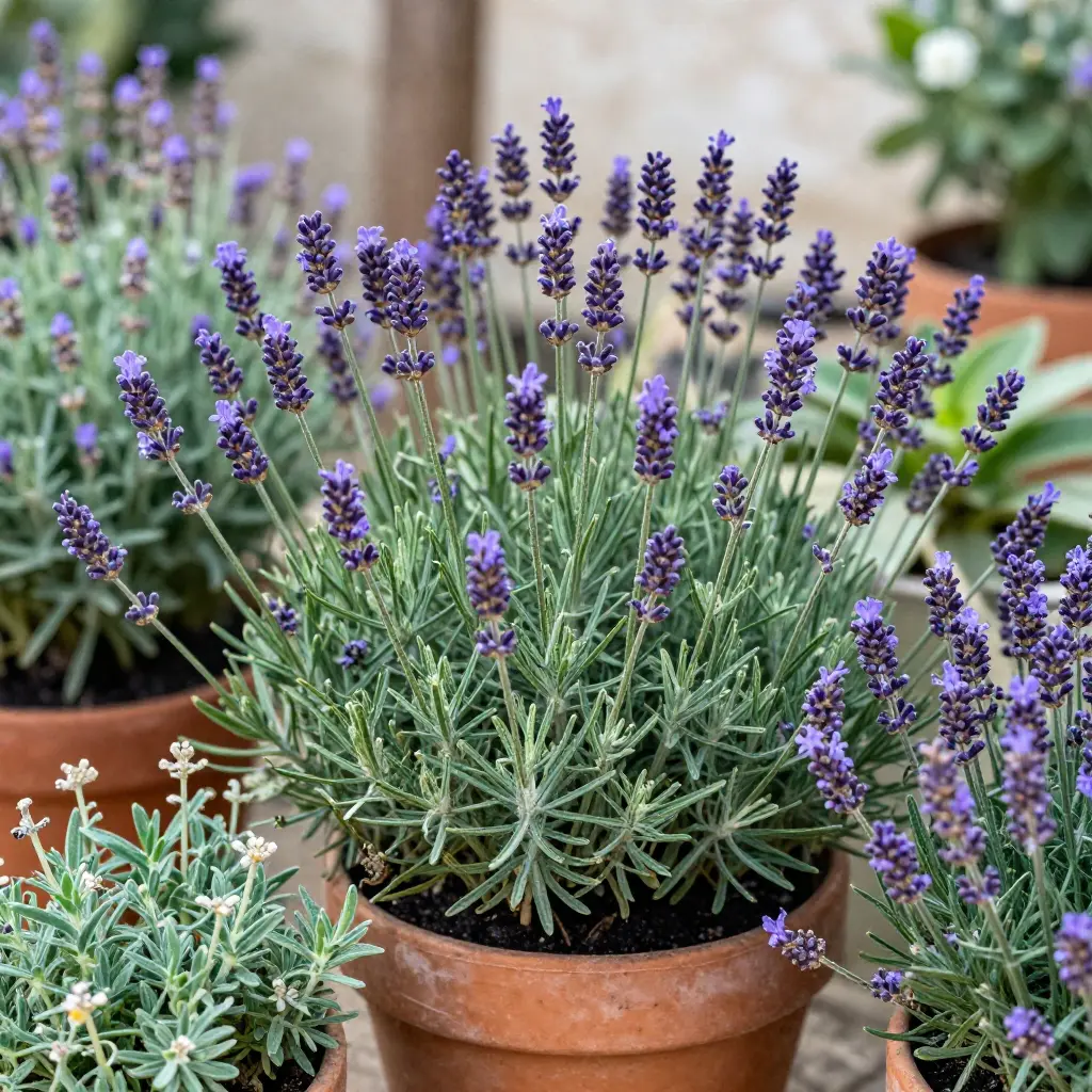 Jardinera con lavanda y plantas aromáticas